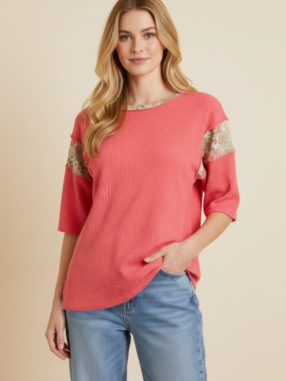 B19 Short Sleeve Ribbed Top with Floral collar and sleeves in Coral NEW